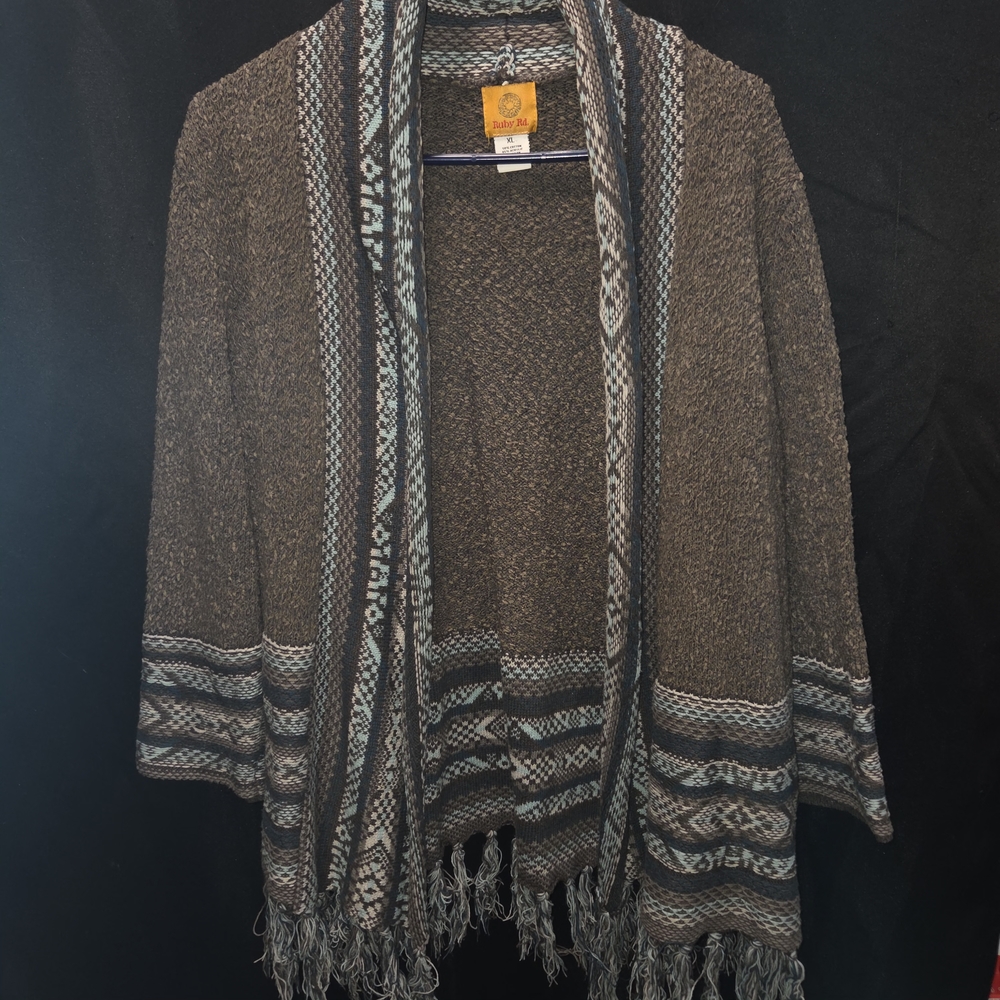 Ruby Rd XL Open Front Cardigan Shawl Sweater Aztec Boho Fringe Wrap